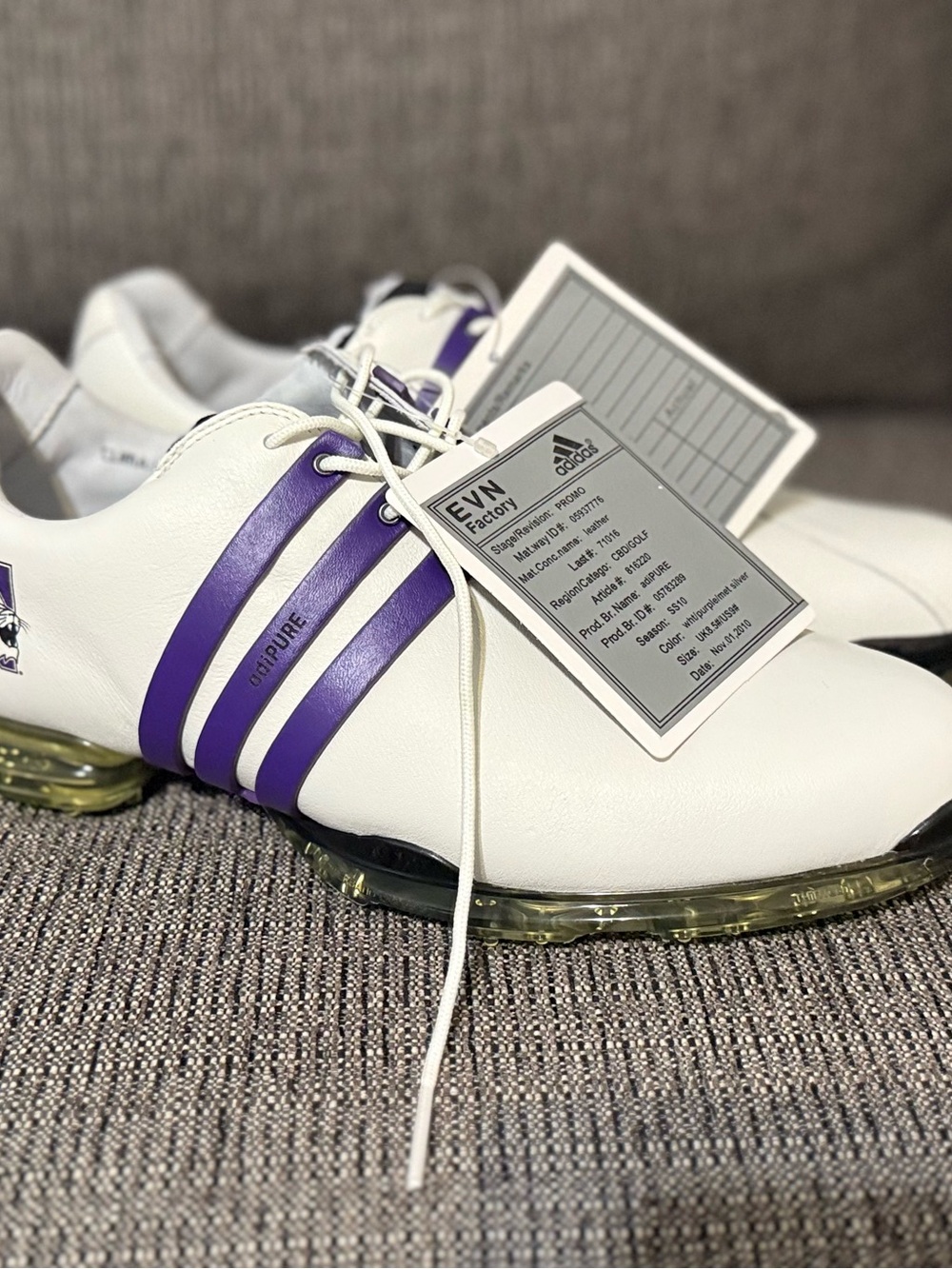 adidas adiPURE Men's Golf Shoes White/Purple Leather Spiked Lace-Up US 9